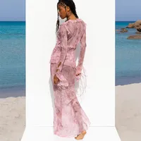 Hirigin-Ensemble 2 pièces chic pour femmes, jupe longue, sexy, motif floral, haut court, taille basse, batterie avec volants, maxi, vêtements de plage, été 2