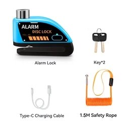 Compact 120dB Anti-Theft Alarm Disc Lock for Motorcycles and Bicycles (Blue with 1.5M Rope)