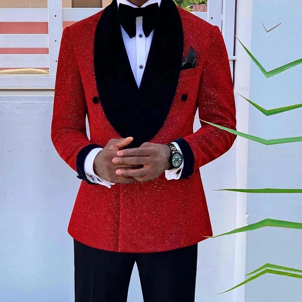 Glitter Red Sequins Mens Suits Groom Wedding Tuxedo Double