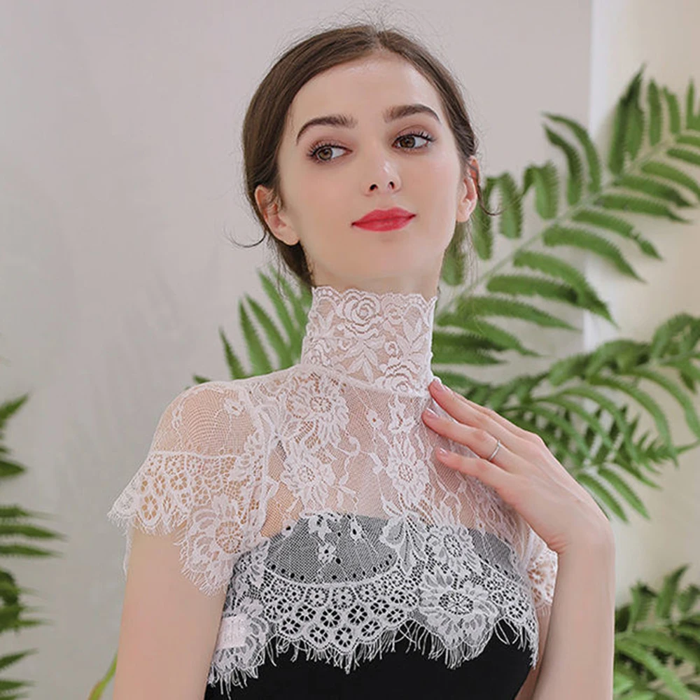 

Women Detachable Fake Collar Half Shirt Blouse Sweet Crochet Sheer Eyelash Floral Lace Wedding Dress Dickey Neck Cover