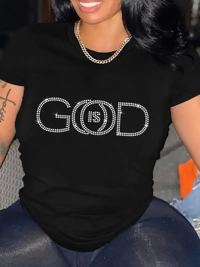 

Chic Women Rhinestone T-shirt Short Sleeve O-neck Elastic Loose Plus Size Tees Spring Summer T Shirt Lady Oversize Tops 2024