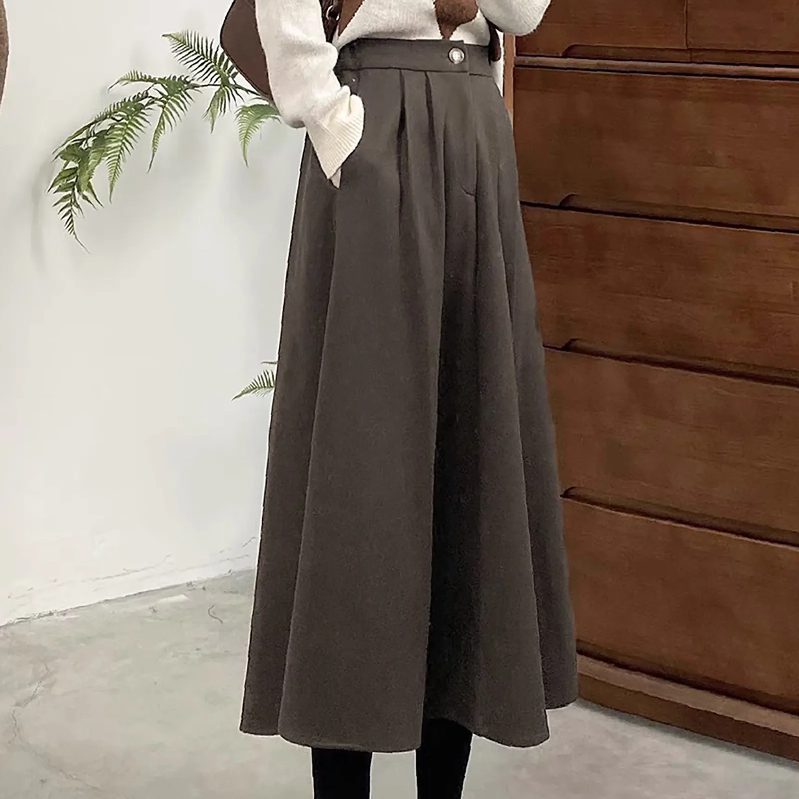 

Woolen Black Khaki Long Skirts For Ladies Autumn Winter High Waist Korean Style Midi Skirts Casual Loose Skirts Womens Dresses