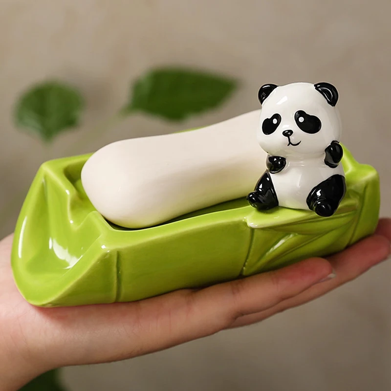 Ceramic Panda Shaped Soap Dish Storage Rack, Bathroom Supplies, Creative Light Luxury, High Beauty, Cute Drain, No Punching, 1Pc
