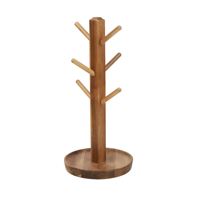Wooden Mug Holder, 6-Hook Coffee Cup And Teacup Holder, Kitchen Storage With Stable Base