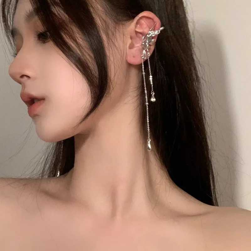 Angel Wings Liquid Metal Butterfly Tassel Ear Cuff Non Piercing Earrings Trendy Punk Design Female Long Ear Clip Jewelry ear clip earrings,clip earrings,ear clip