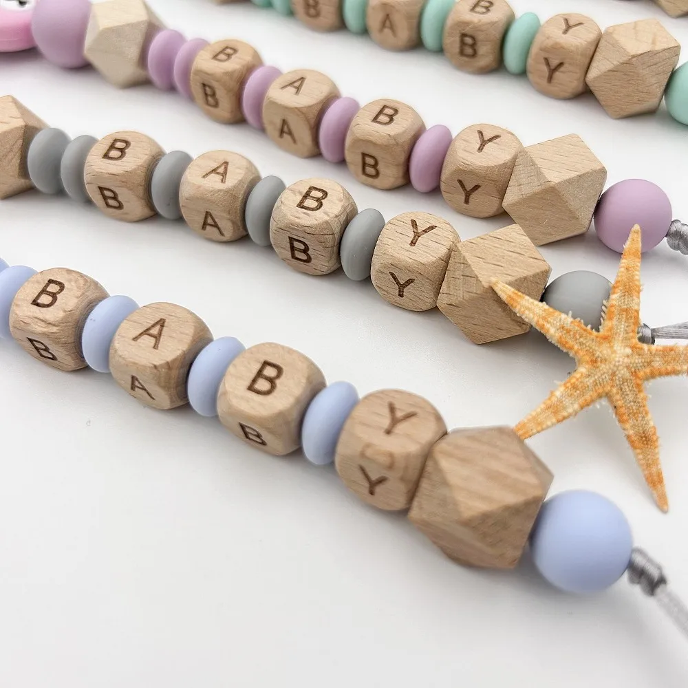 Personalized English Wooden Letters Name Baby Polar Bear Silicone Pendant Pacifier Clips Chains Holder Teether Baby