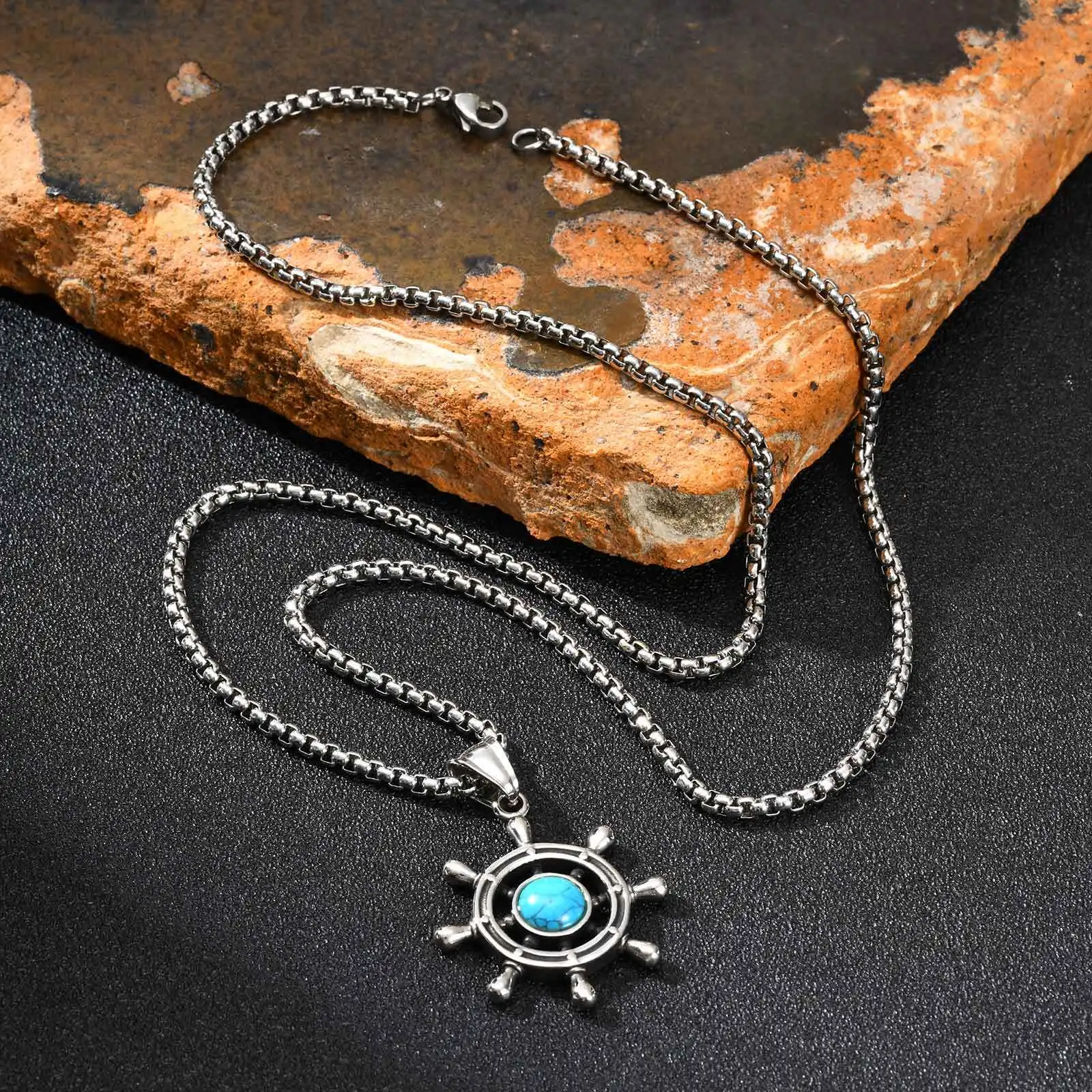 Stainless Steel Rudder Turquoise Necklace for Men,Silver Color Natural Stone Metal Pendant,Trendy Healing Jewelry Gift