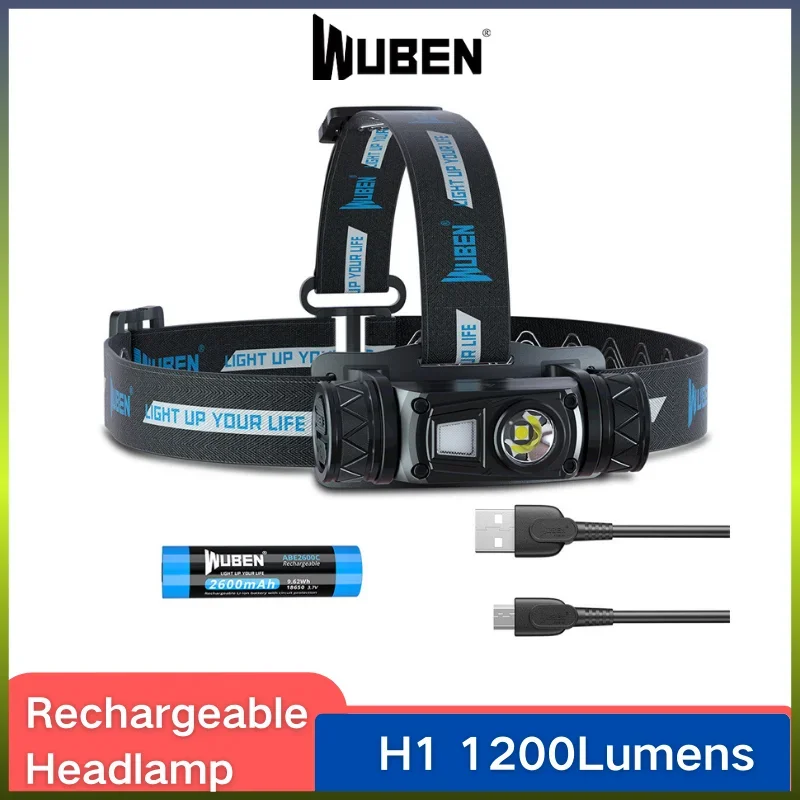 Head Flashlight WUBEN H1 Headlamp Rechargeable High-Powerful 1200Lumens P8 LED With 2600mAH Battery Lightweight For Runing Fishing