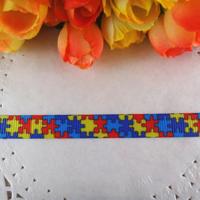 25MM World Autistic Children's Day 3/8'' (9MM) Puzzle Sports Printed Grosgrain Ribbons Cartoon Ribbon 10 Yards WQ14050815