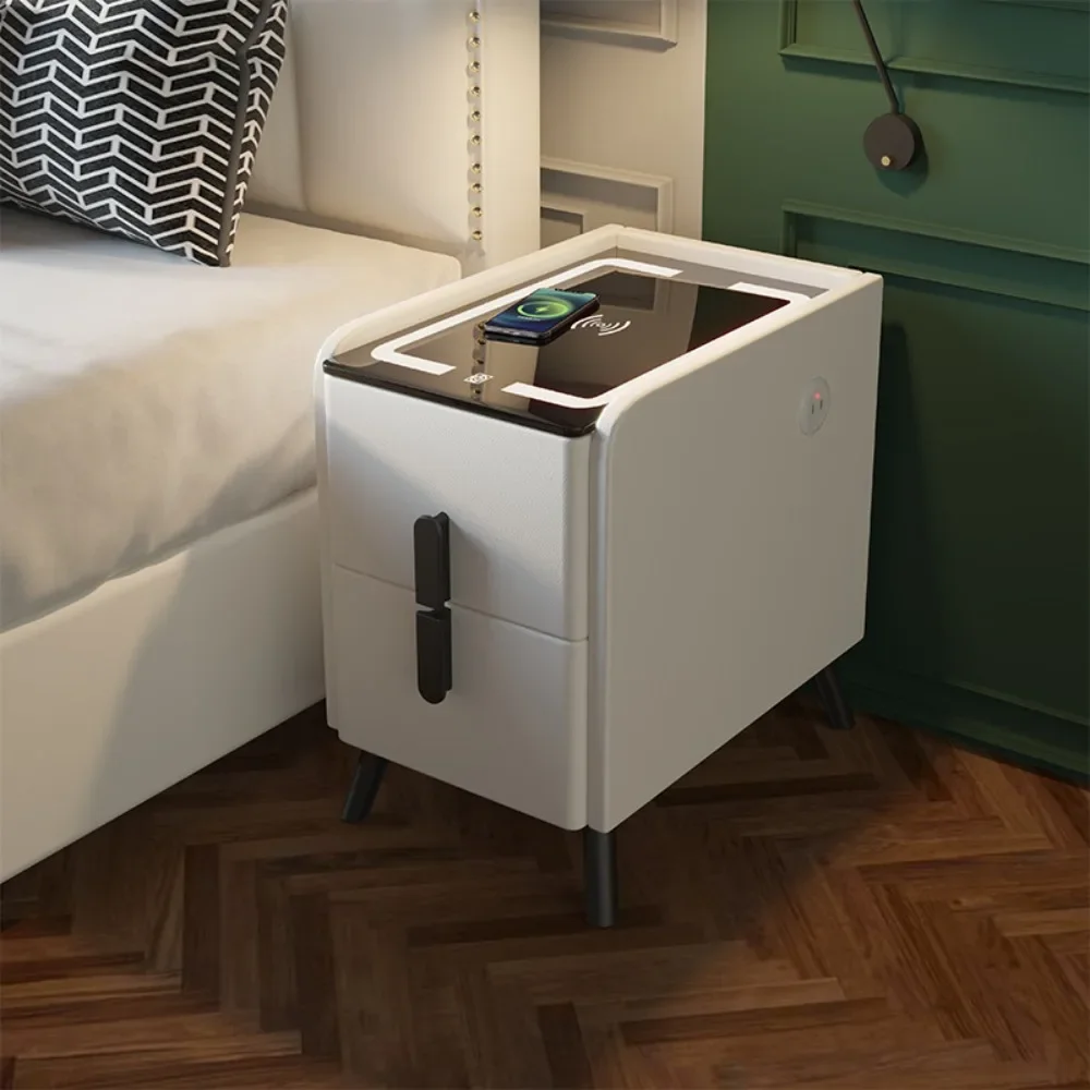 Smart Bedside Table with Wireless Charger Narrow Smart LED Nightstands Bedside Cabinet Bedroom Solid Wood Simple Table