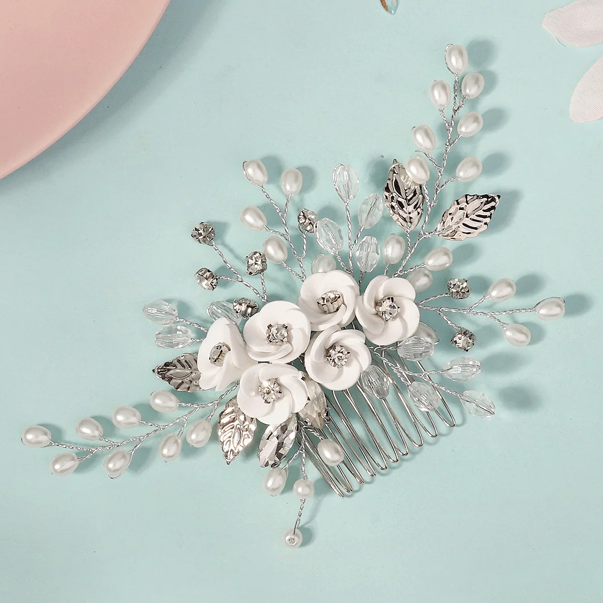 Soft Ceramic Flower Women's Hair Comb Pearl Rhinestone Daily Hair Clip Wedding Party Bridal Jewelry Headdress