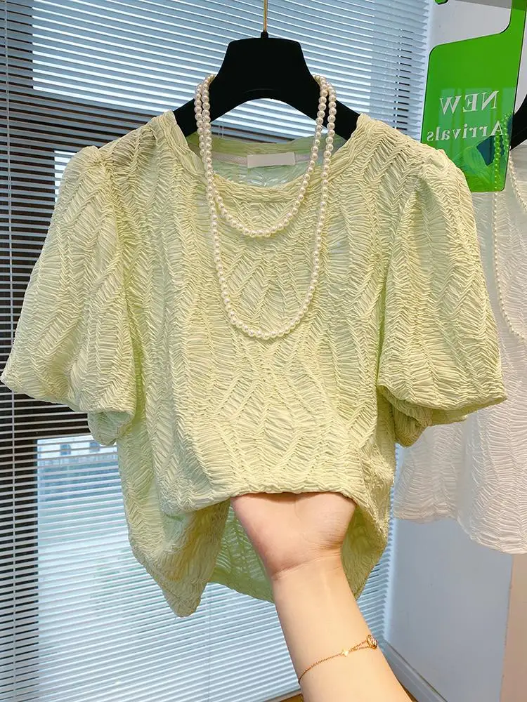 

Шифоновая Блузка с круглым вырезом и коротким рукавом-фонариком