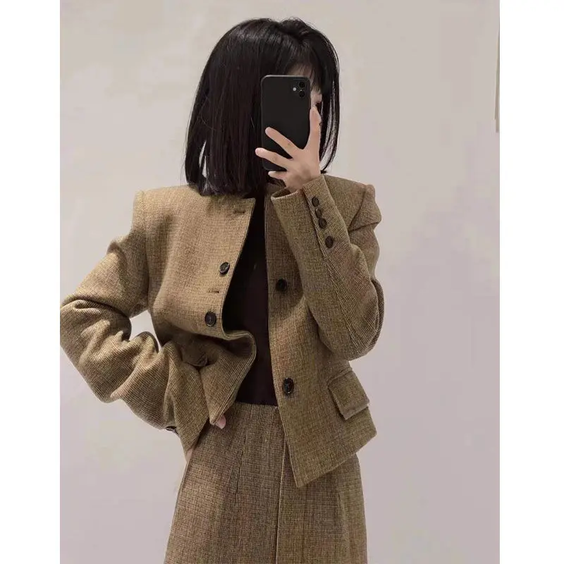 

Women's Small Fragrance Wool Coat Half Skirt Set Vintage Round Neck Single breasted Woolen Coat A-line Half Skirt Two Piece Set