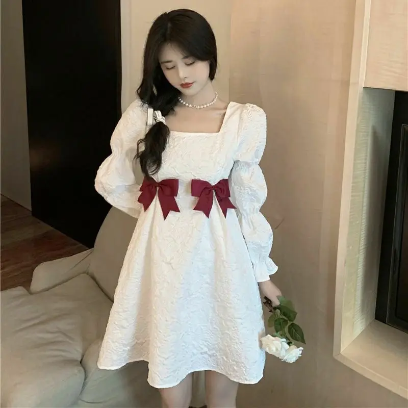

Sweet Cute Dress Women Kawaii Bow Long Sleeve Shirt Slip Dress Preppy Style Pleated Robe Korean Fashion