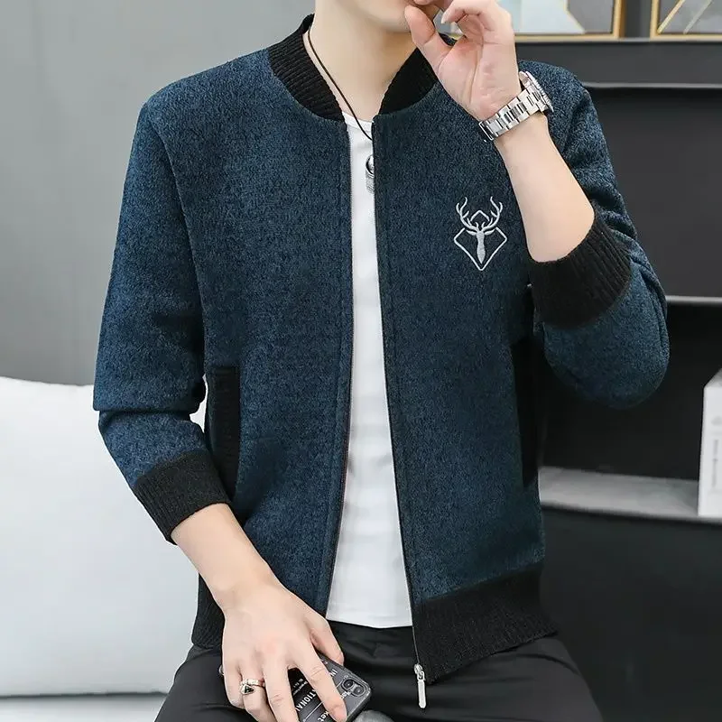 Fashion Knitted Pockets Zipper Embroidery Cardigan Sweaters Men's Clothing 2024 Winter New Oversized All-match Warm Tops