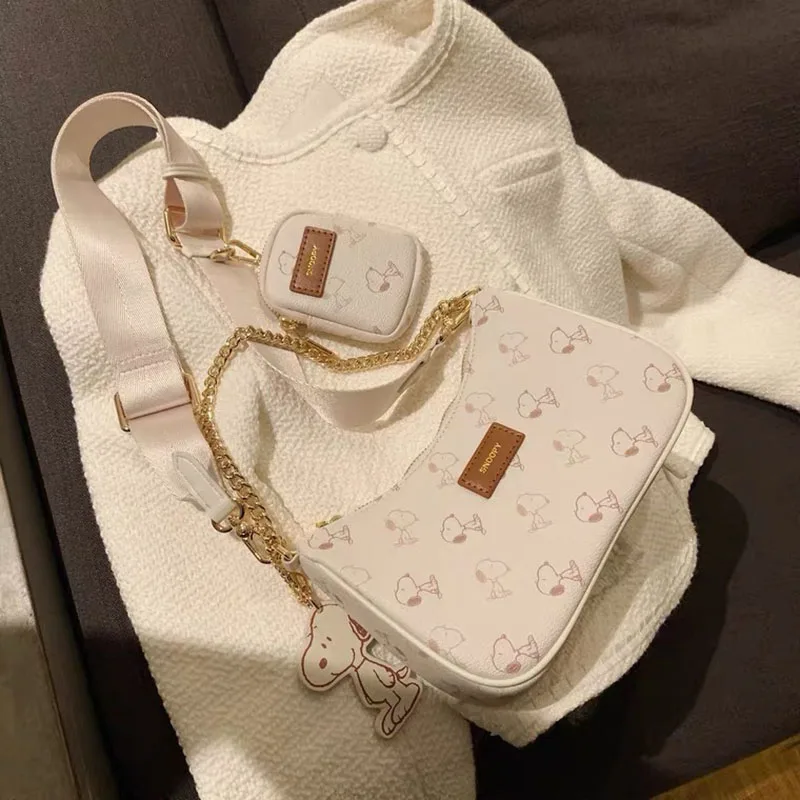 MINISO Cartoon Printed Snoopy Shoulder Bag 3-in-1 Underarm Bag Fashion Women's Shoulder Bag Casual Chain Handbag 3