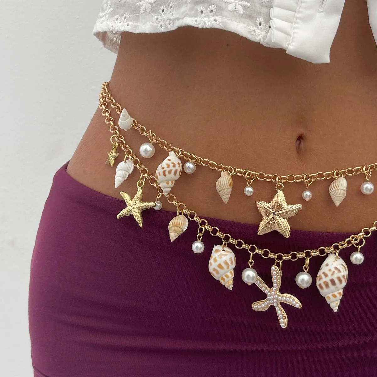 Beach Sexy Pearl Conch Pendant Gold Plated Waterproof Starfish Shell Waist Belly Belt Chain Bikini Festival Rave Body Jewelry
