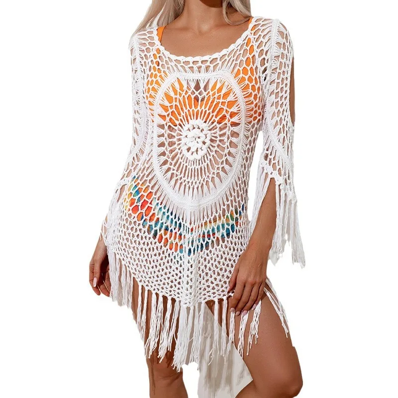 One-piece Swimsuit Bikini Cover Up Swimwear Women White Beachwear Long Sleeve Bikini Knit Beach Cowl Hand Crochet Knit Dress