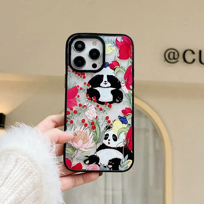 

Creative Flower Panda Upgrade Acrylic Border Phone Case Cover for IPhone 11 12 13 14 15 Pro Max Case for IPhone 15 Pro Max