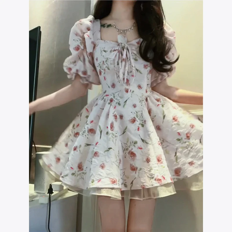 

French Style Square Collar Puff Sleeve Floral Dress Women's Summer Pure Desire Sweet Waist Trimming Pettiskirt Temperament