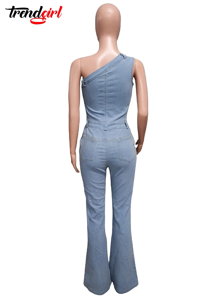 Trendgirl Women Sexy One Pieces Denim Overalls One Shoulder Sleeveless Stretch Jean Jumpsuits Flared Pants Birthday Party Romper
