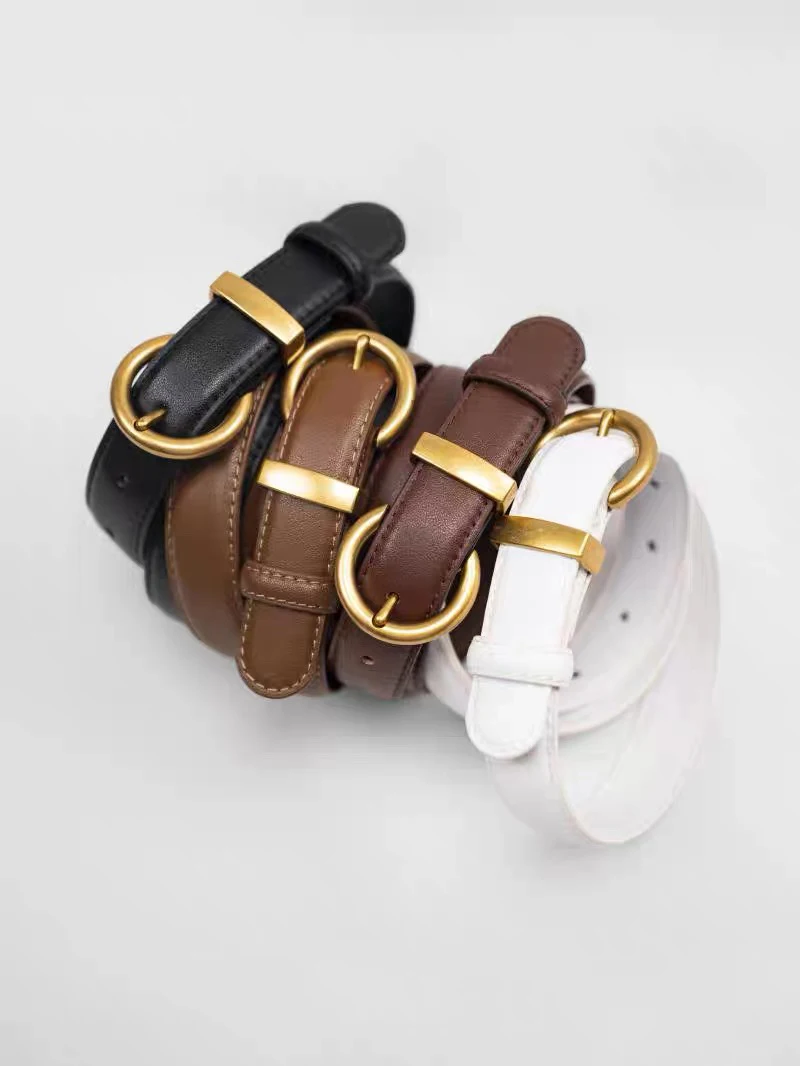Simple Women Belts Real Leather Simple Gold Buckle Belt Girls