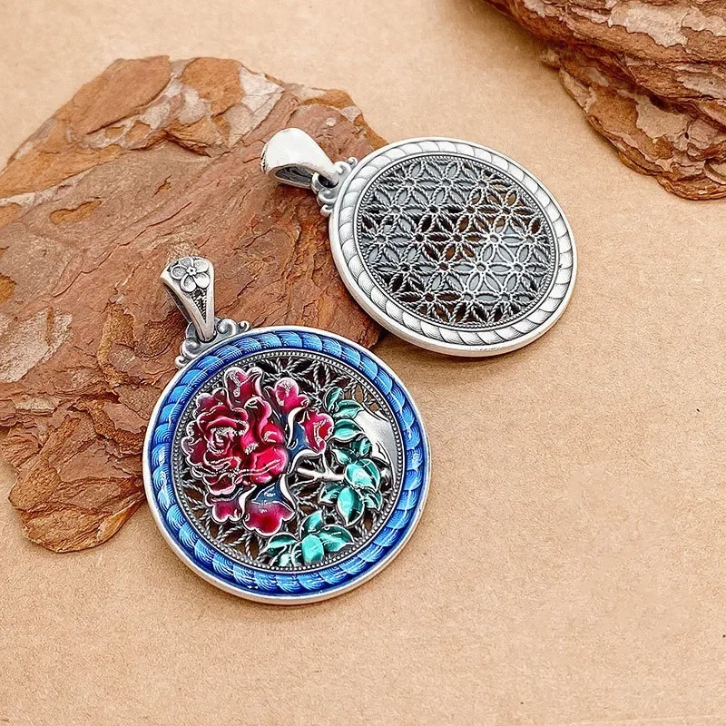 

Archaic Rhyme Chinese Style Peony Flower Necklace Silver 925 Colored Enamel Circular Pendant Ethnic Style Pendant Jewelry