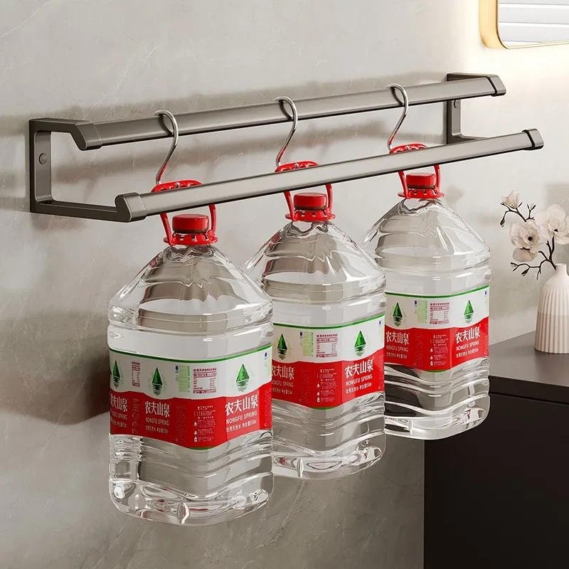 Bathroom towel rack Gun gray double bar no-punch bathroom towel bar Space aluminum light luxury bath storage shelf