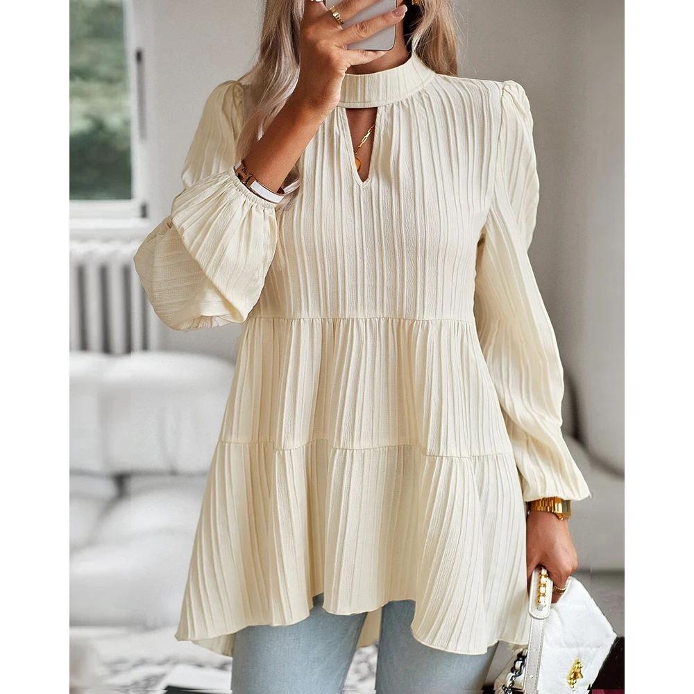 2024 Spring Ruched Fold Round Neck Cut out Lantern Sleeve Blouse for Women Casual Solid Elegant T Shirts Femme Streetwear