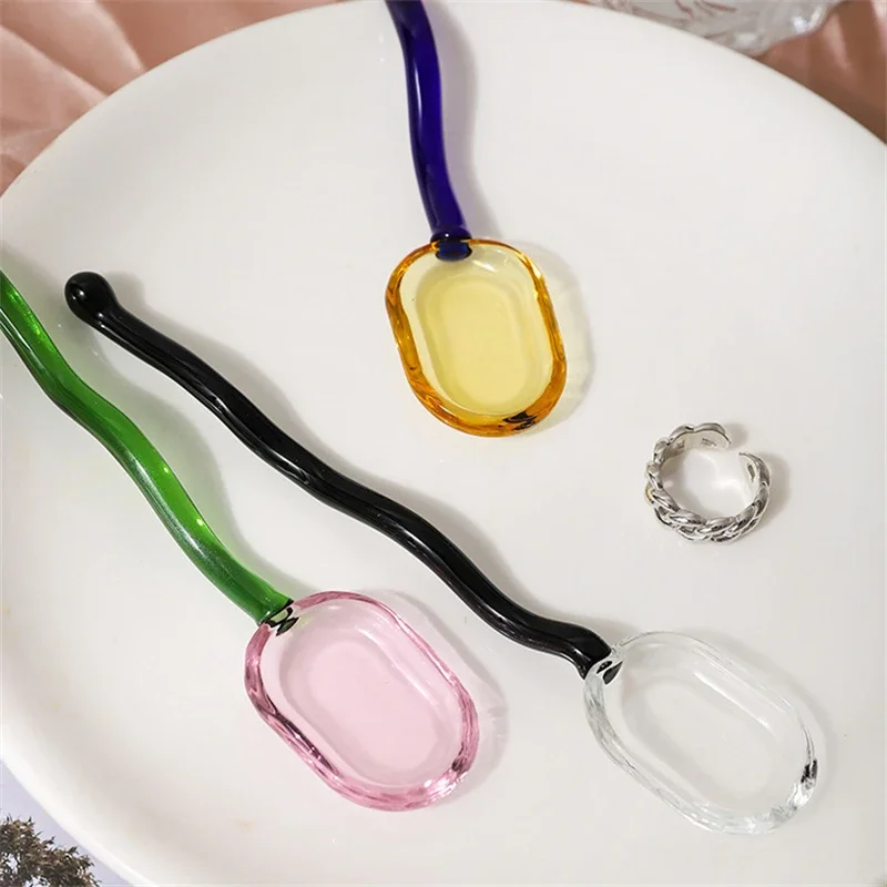 Glass Spoon Solid Color High Temperature Resistant Spoon Creative Long Spiral Handle Juice Coffee Extended DIY 1pc