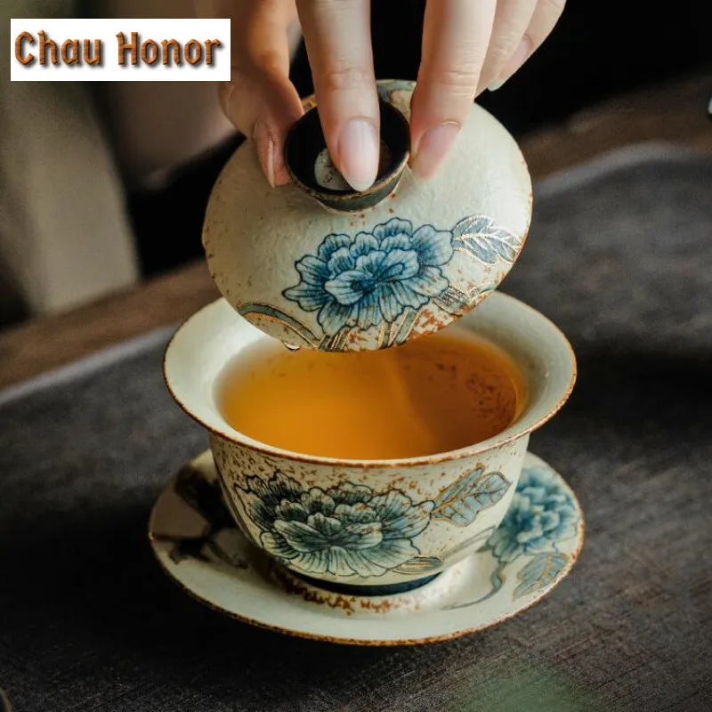 160ml Blue And White Flint Red Gaiwan Handmade Gold Drawing Peony Tea Tureen Tea Maker Cover Bowl Chinese Kung Fu Tea Set Craft