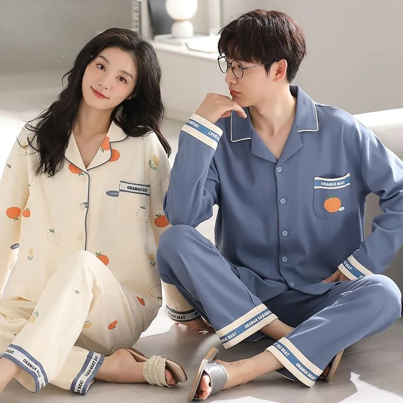 2024 New Couple Pajamas Set Spring Autumn Girls Boys 100% Cotton Long Sleeves Sleepwear Man Woman Large Size Loungewear Outfit