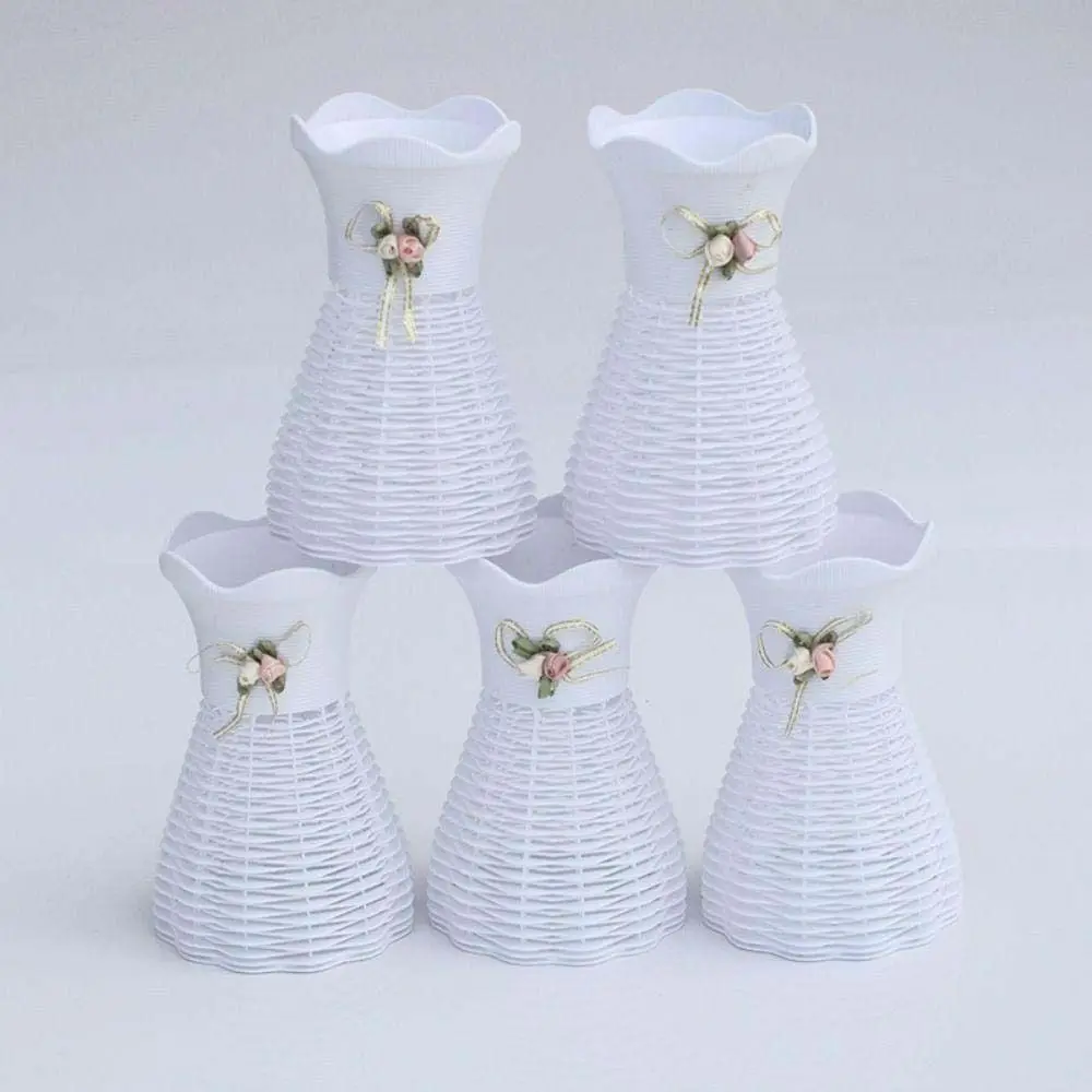 White Rattan-Style Decorative Flower Pot and Tray