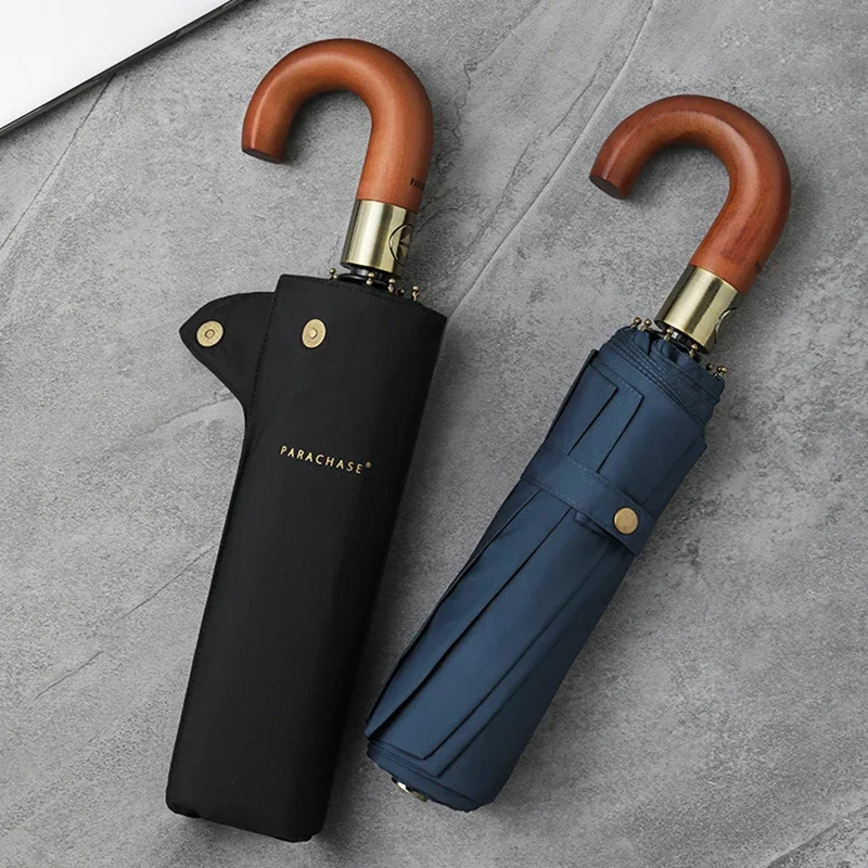 Folding Umbrella Luxury Wooden Umbrella Windproof 10 Ribs Parachase Fully Automatic Umbrella Men Folding Big Golf