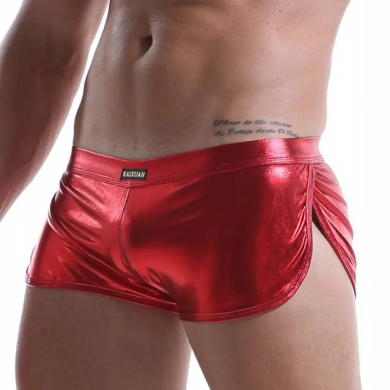 Sexy Men Boxers Shorts Low Waist Male Panties Legs Slit Underpants Imitation Leather Exotic Stage Show Night Club Gay Underwear 5