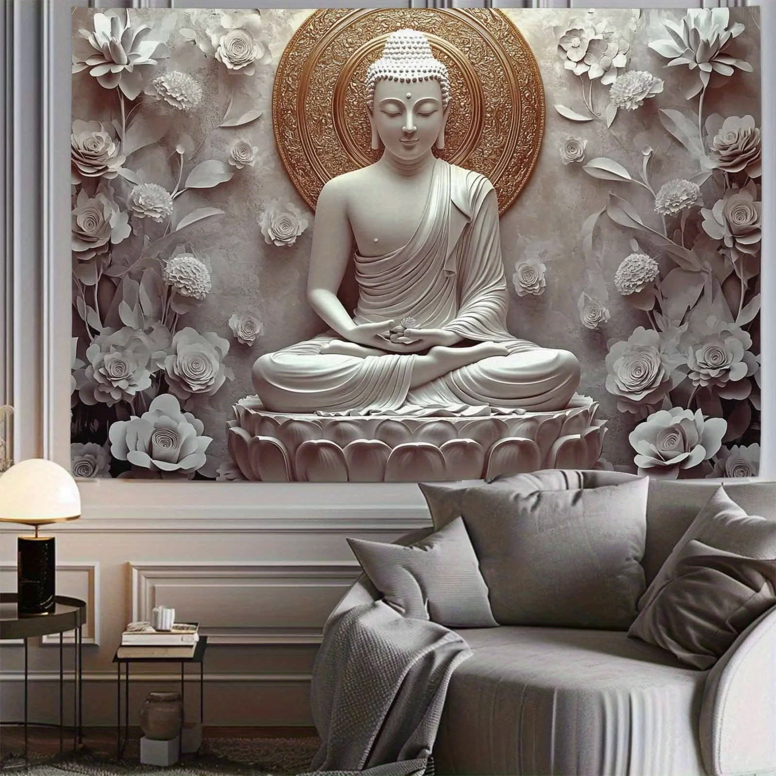 🪷 Sacred White Stone Buddha with Golden Lotus Halo – Spiritual Wall Tapestry 4