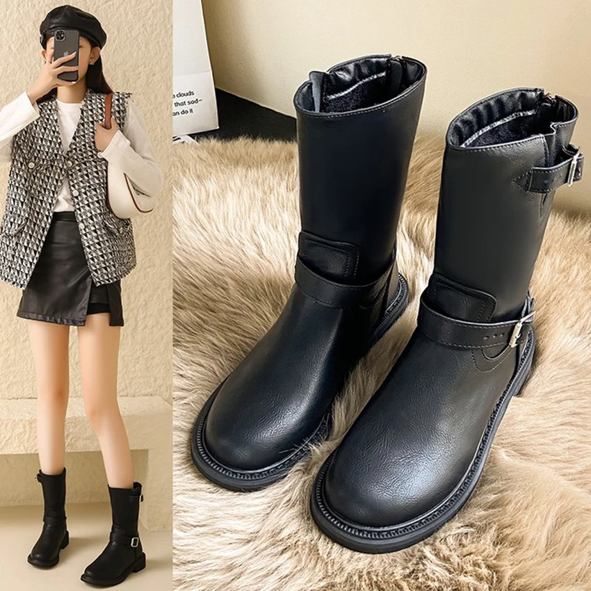 2024 New Black White Women's Winter Short Boots Velvet Chelsea Lolita Mid Calf Platform Ankle Rubber Kawaii Designer knight boot