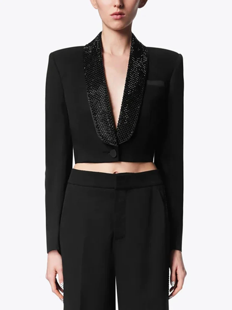 CHICEVER Hollow Out Backless Blazers For Women Notched Collar Long Sleeve Slimming Patchwork Diamonds Summer Blazer Female New