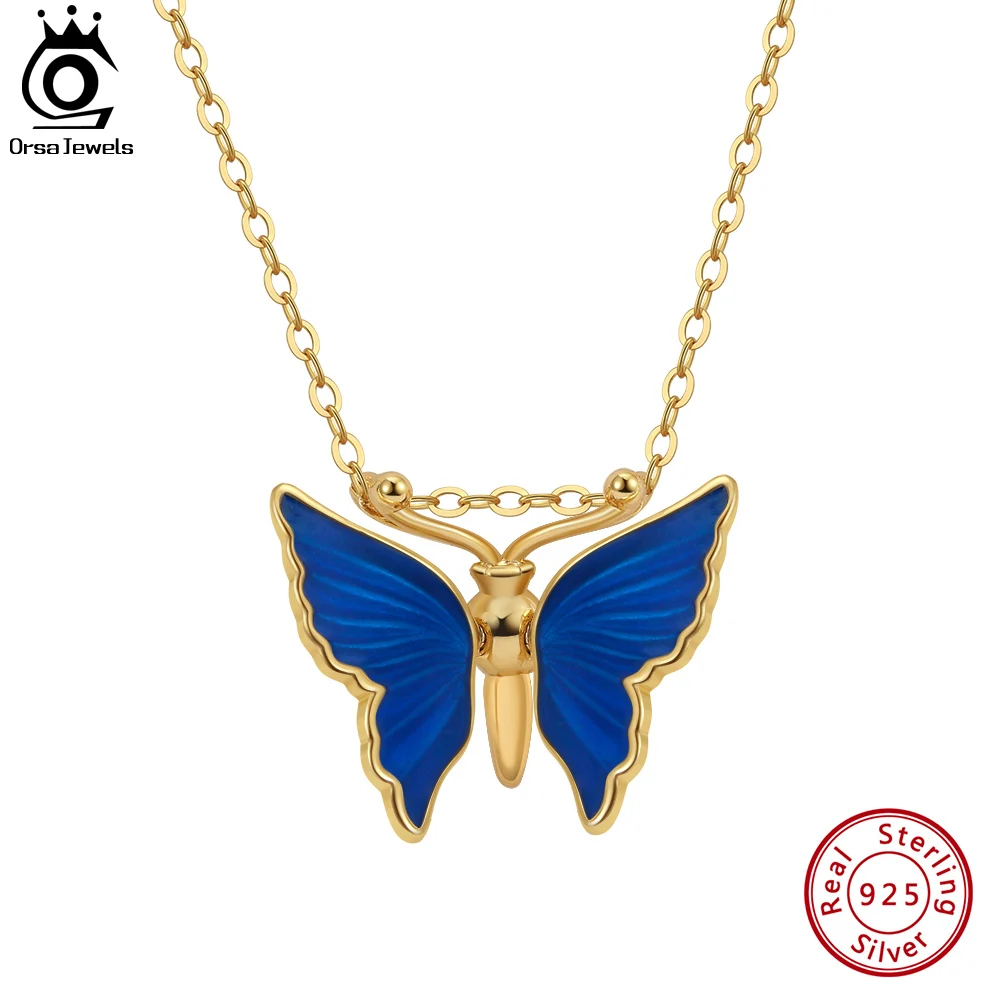 

ORSA JEWELS Movable Wing Butterfly Necklace for Women 925 Sterling Silver Trendy Blue Enamel Insect Pendant Jewelry SN309