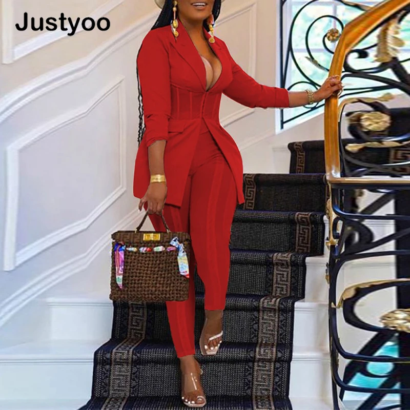 

2022 New Ladies Business Wear Fashion Buckle Ren Fruit Collar Suit Long Sleeve Trousers Two Piece Set Ladies Elegant Suit