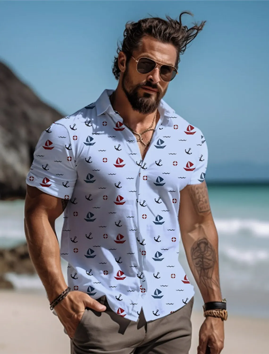 thumbnail image 1 of Camisa hawaiana con estampado 3D de velero para hombre, camisa de playa de verano con botones y manga corta, para uso diario en vacaciones, tallas S a 5XL, 1 of 4