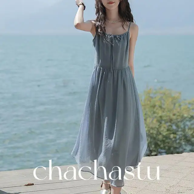 

Korean Spaghetti Strap Dresses Women Loose Beach Style Ankle-length Elegant Summer Vacation Lace-up Casual Version Ladies
