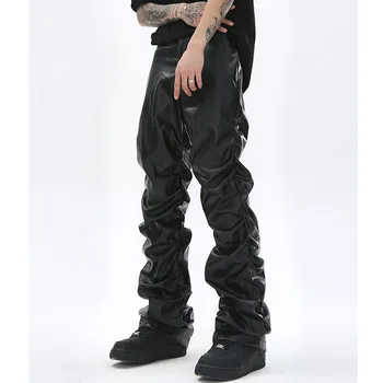 Hip Hop Mens Pleated Pu Leather Pants Harajuku Retro Streetwear Loose Ruched Casual Trousers Straight Solid Color Black Pants 1