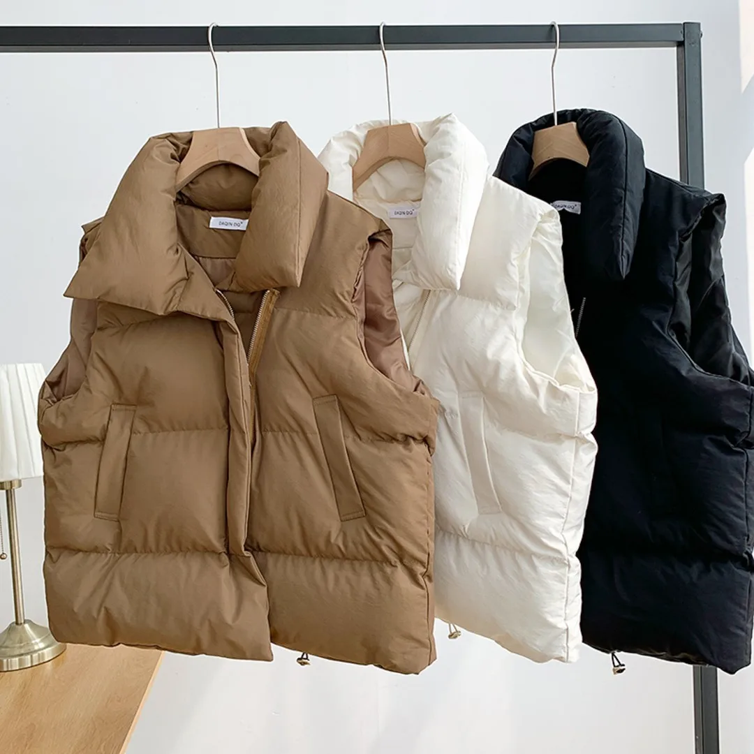 New Winter Cotton Vest Women Warm Coat Turn-down Collar Zipper Sleeveless Jacket Overcoat Loose Drawstring Waistcoat Vest Coat