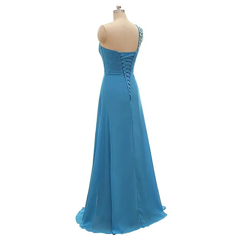 A Line Chiffon One Shoulder Bridesmaid Dresses Crystals Beading Pleat Elegant Wedding Party Formal Prom Evening Corset Back bridesmaid dresses