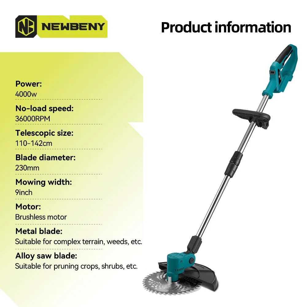 NEWBENY 9 Inch Brushless Electric Lawn Mower 36000RPM Cordless Handheld Garden Grass Trimmer Weeding Tool For Makita 18V Battery 2