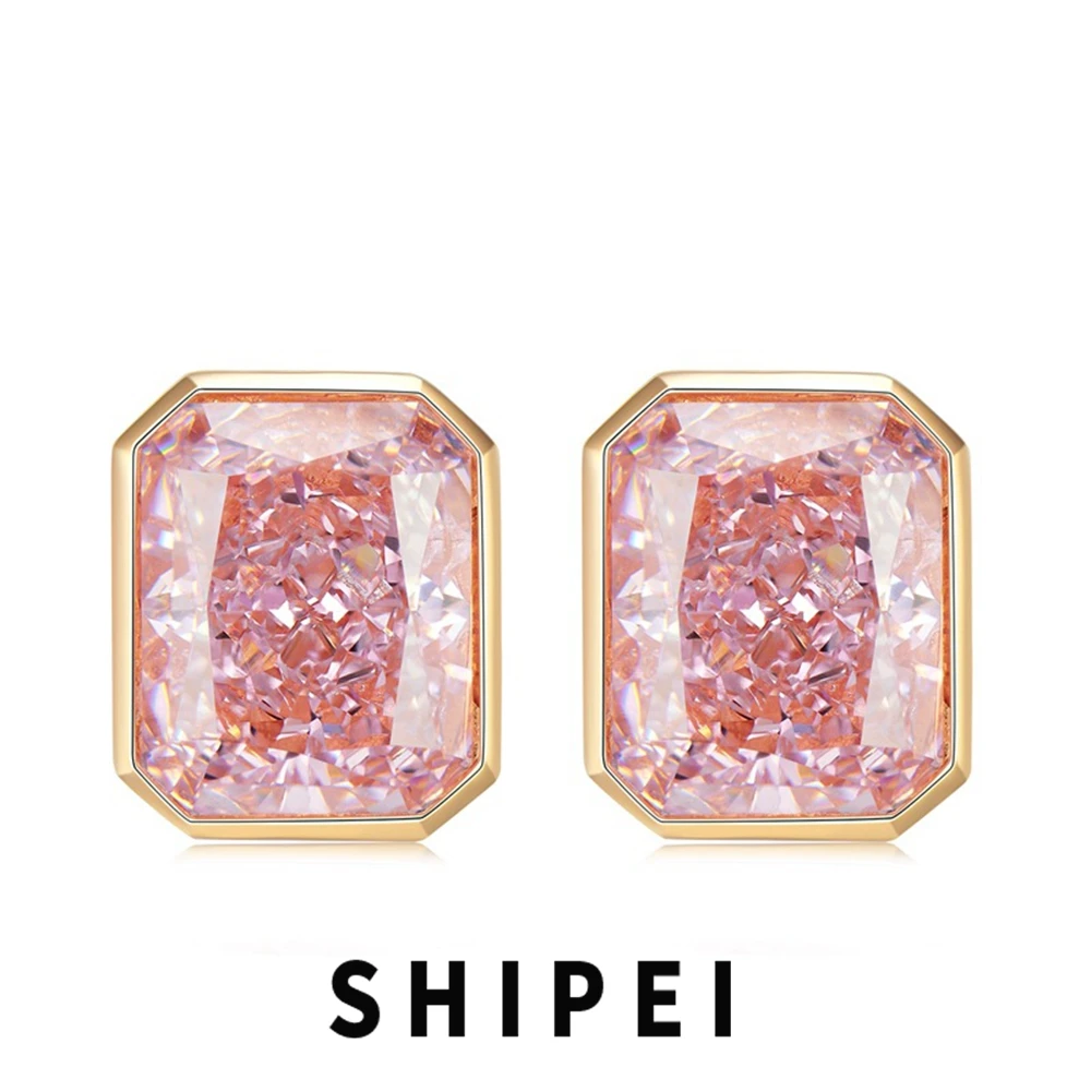 

Shipei 18K Gold Plated 925 Sterling Silver Radiant Cut 8*10 MM Pink Sapphire Citrine Gemstone Fine Jewelry Ear Stud Earrings