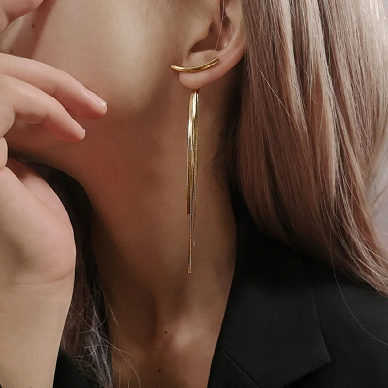 

Plated Arc-shaped Long Tassel Ear Line Earrings for Women Temperament Snake Bone Chains Jewelry