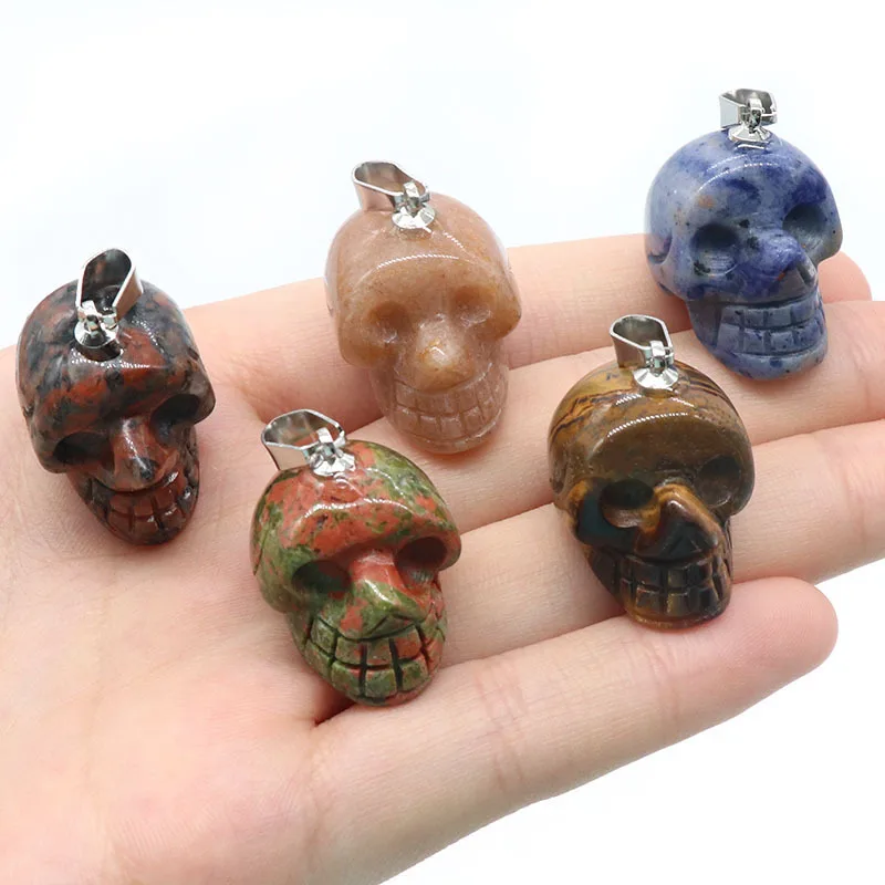 Natural Stone Opal Rose Quartz Tiger's Eye Crystal  Skull Pendants Charms for Diy Keyring Necklace Jewelry Making
