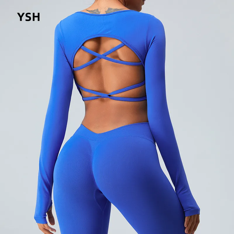 

YUSHUHUA Sexy Open Back Sports Top Gym Quick Dry Yoga Shirts Women Long Sleeve Fitness Crop Top Seamless Running Clothing MS1065